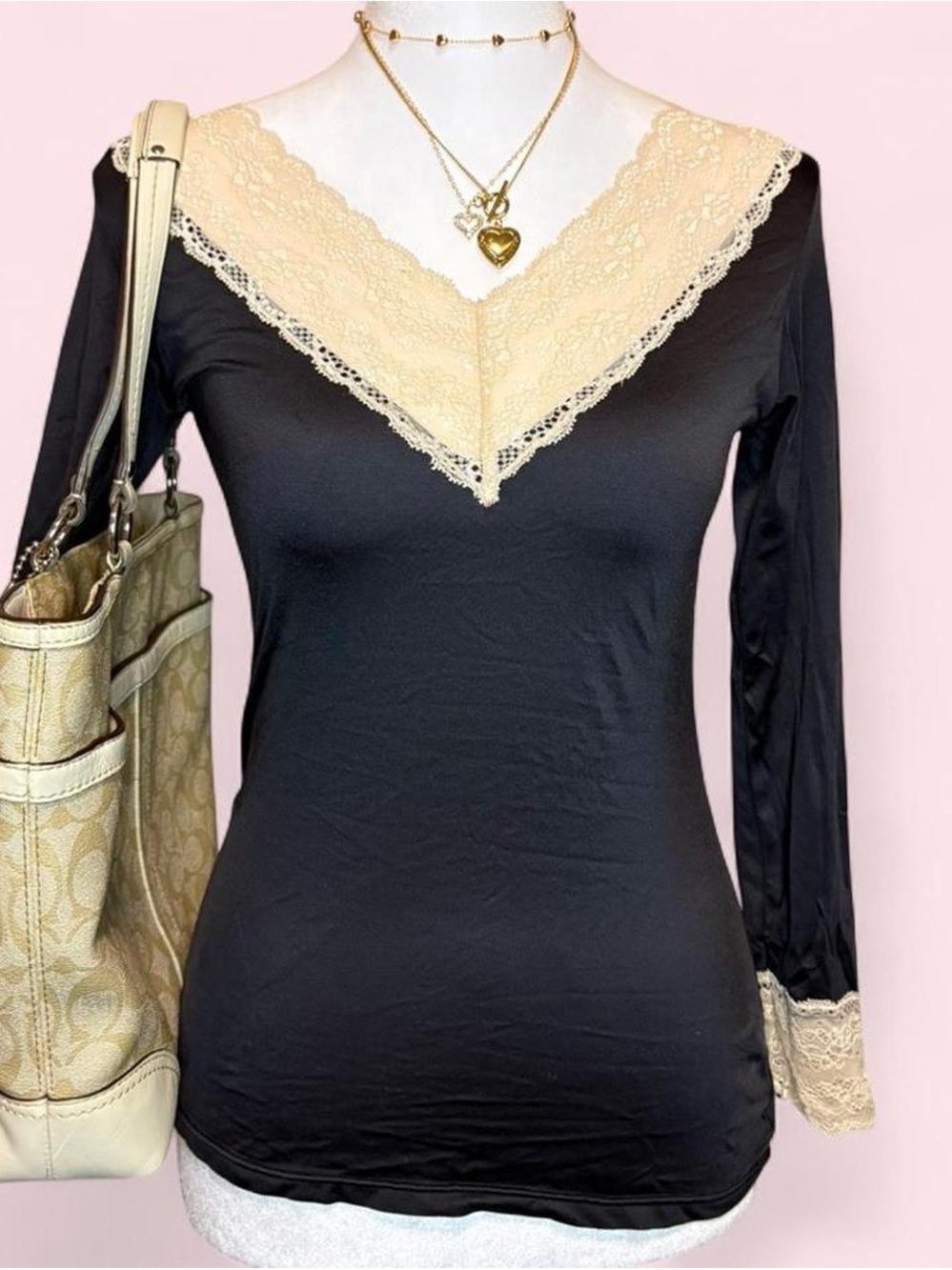 V-Neck Lace Trim Long Sleeve Top - Cream Accents